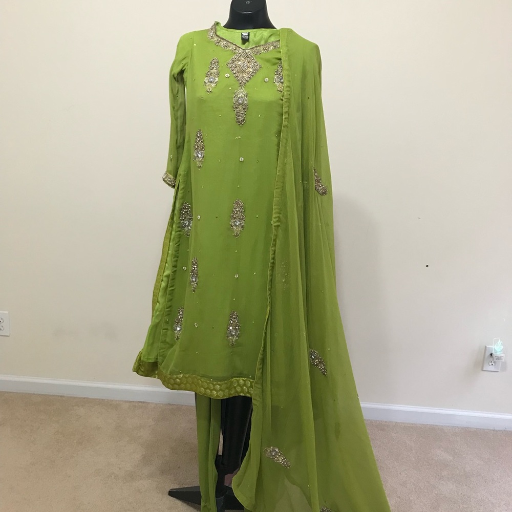 Parrot green custom made Pakistani dress